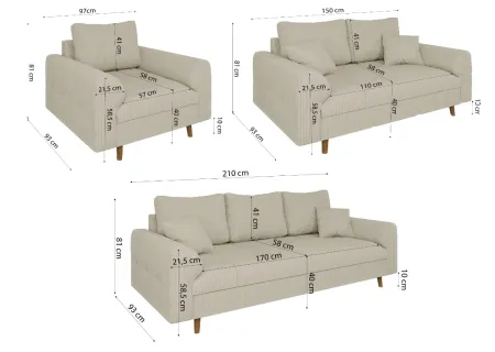 Maya - Polstergarnitur 3+2+1 mit Braun Holzfüßen im skandinavischen Stil aus Cord-Stoff