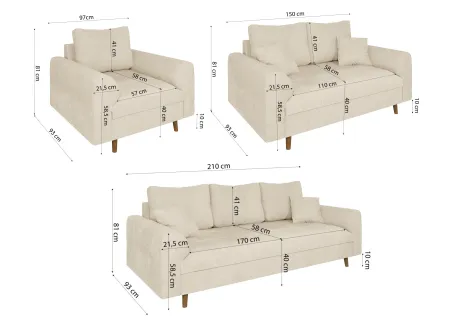 Trygve - Polstergarnitur 3+2+1 mit Braun Holzfüßen im skandinavischen Stil aus Chenille-Stoff