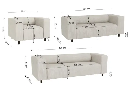 Oskar - Modernes Polstergarnitur 3+2+1 aus Cord-Stoff mit bequemem Sitz