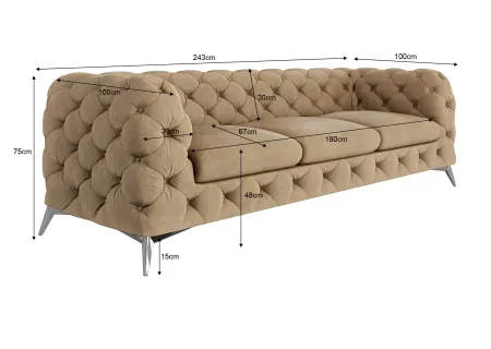 Paul - Chesterfield Sofa 3-Sitzer mit Silber Metall Füßen