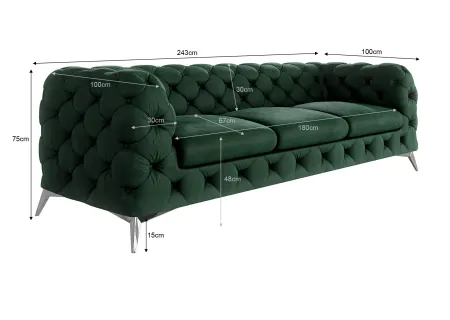 Paul - Chesterfield Sofa 3-Sitzer mit Silber Metall Füßen