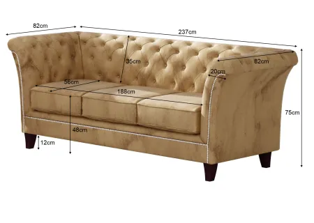 Talia - Chesterfield Sofa 3-Sitzer aus Samt-Stoff mit Holzfüßen