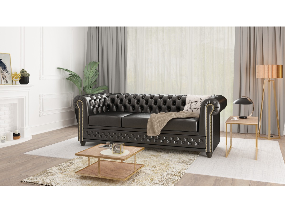 Chloe - Sofa 3 sitzer Chesterfield aus veganem Leder mit Holzfüßen