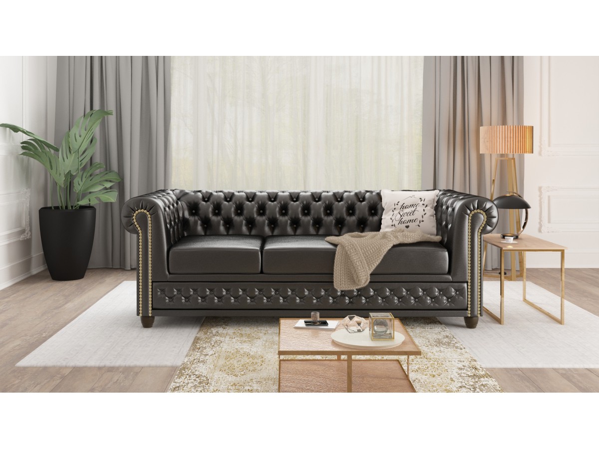 Chloe - Sofa 3 sitzer Chesterfield aus veganem Leder mit Holzfüßen