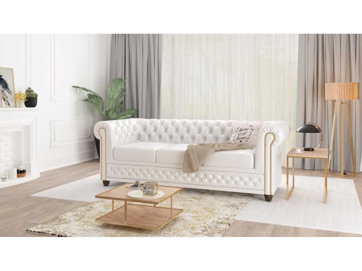 Chloe - Sofa 3 sitzer Chesterfield aus veganem Leder mit Holzfüßen