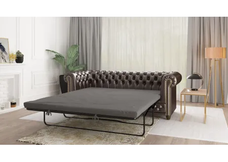 Chloe - Sofa 3 sitzer mit Schlaffunktion Chesterfield aus veganem Leder mit Holzfüßen