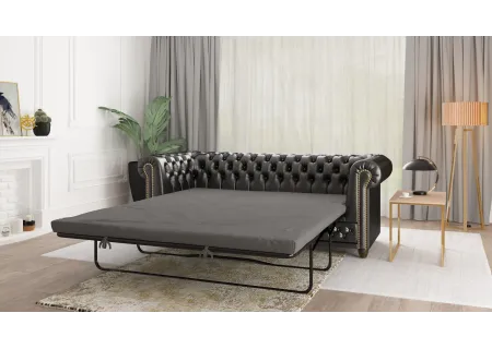 Chloe - Sofa 3 sitzer mit Schlaffunktion Chesterfield aus veganem Leder mit Holzfüßen