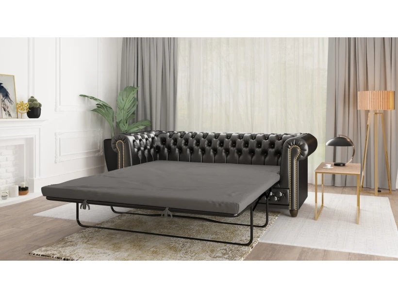 Chloe - Sofa 3 sitzer mit Schlaffunktion Chesterfield aus veganem Leder mit Holzfüßen