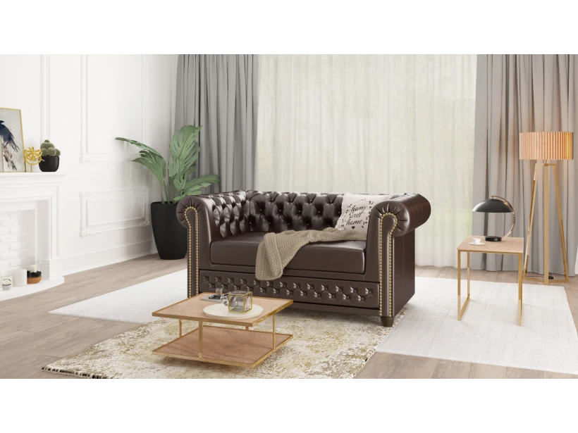 Chloe - Sofa 2 sitzer mit Schlaffunktion Chesterfield aus veganem Leder mit Holzfüßen