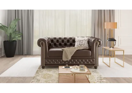 Chloe - Sofa 2 sitzer mit Schlaffunktion Chesterfield aus veganem Leder mit Holzfüßen