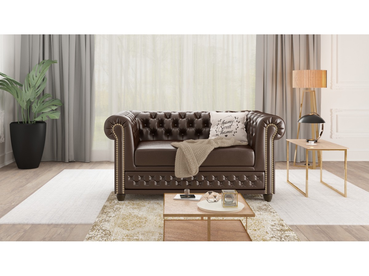 Chloe - Sofa 2 sitzer mit Schlaffunktion Chesterfield aus veganem Leder mit Holzfüßen