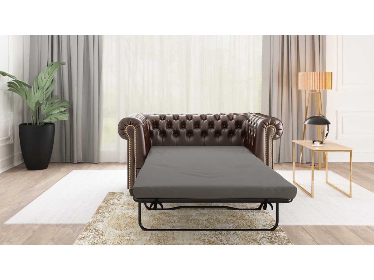 Chloe - Sofa 2 sitzer mit Schlaffunktion Chesterfield aus veganem Leder mit Holzfüßen