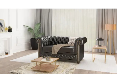 Chloe - Sofa 2 sitzer mit Schlaffunktion Chesterfield aus veganem Leder mit Holzfüßen