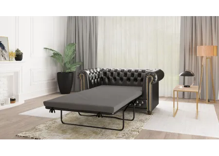 Chloe - Sofa 2 sitzer mit Schlaffunktion Chesterfield aus veganem Leder mit Holzfüßen