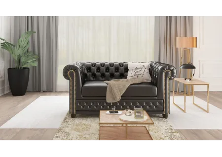 Chloe - Sofa 2 sitzer mit Schlaffunktion Chesterfield aus veganem Leder mit Holzfüßen