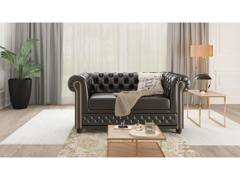 Chloe - Sofa 2 sitzer mit Schlaffunktion Chesterfield aus veganem Leder mit Holzfüßen