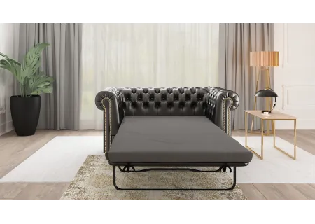 Chloe - Sofa 2 sitzer mit Schlaffunktion Chesterfield aus veganem Leder mit Holzfüßen