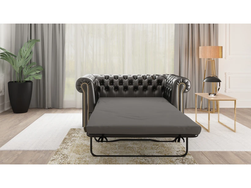 Chloe - Sofa 2 sitzer mit Schlaffunktion Chesterfield aus veganem Leder mit Holzfüßen