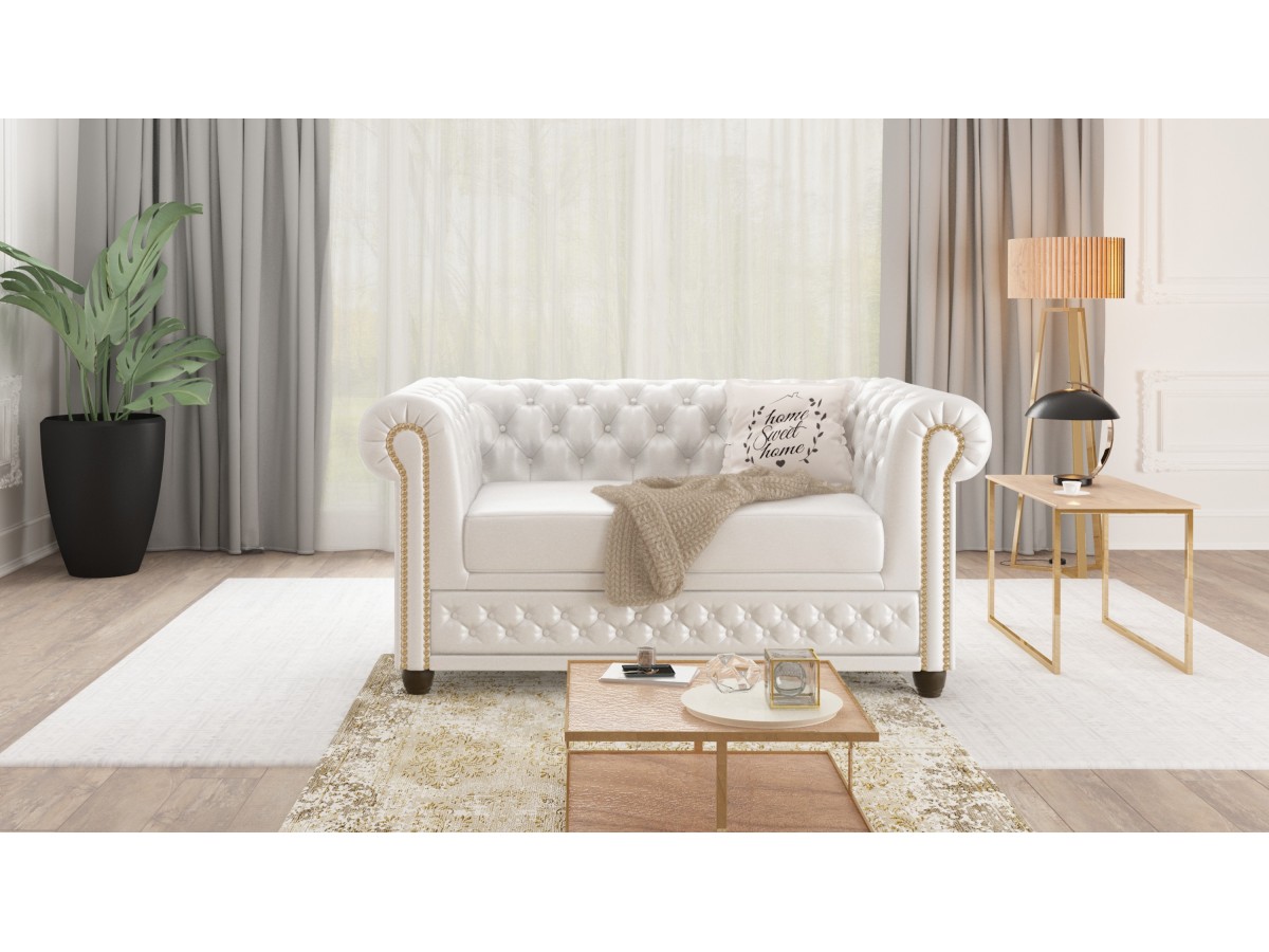 Chloe - Sofa 2 sitzer mit Schlaffunktion Chesterfield aus veganem Leder mit Holzfüßen