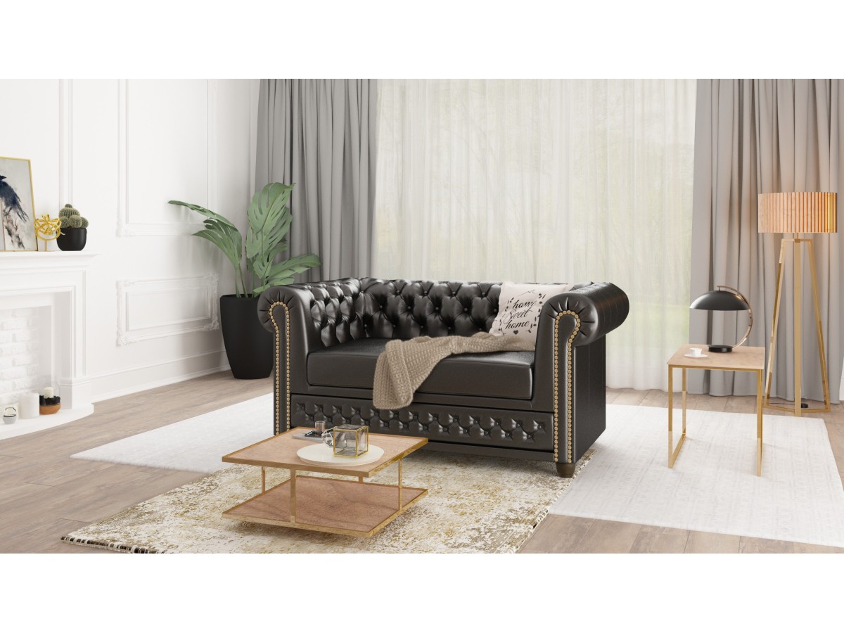 Chloe - Sofa 2 sitzer Chesterfield aus veganem Leder mit Holzfüßen