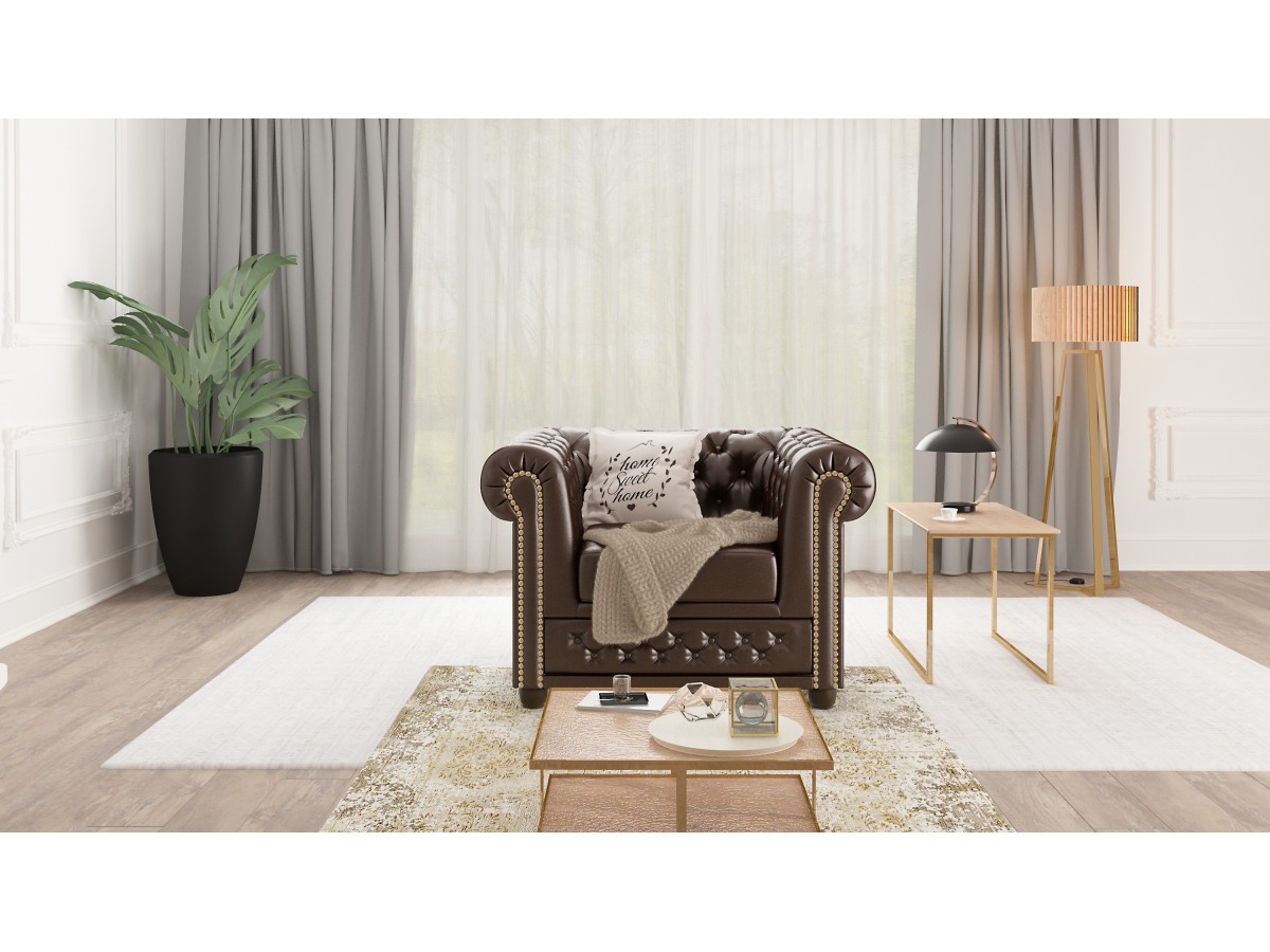 Chloe - Sessel Chesterfield aus veganem Leder mit Holzbeinen