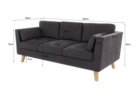 Violet - Sofa 3-Sitzer mit Holzfüßen im skandinavischen Stil