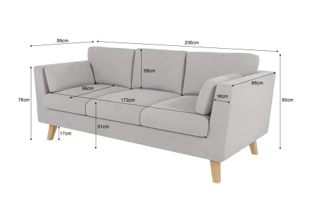 Violet - Sofa 3-Sitzer mit Holzfüßen im skandinavischen Stil