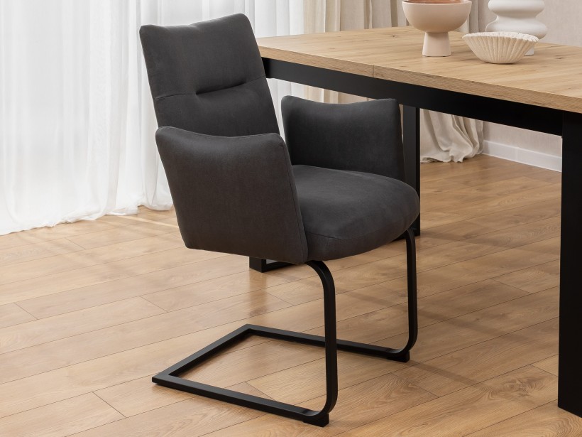 Hera - 2er Set Polsterstuhl im modernen Design aus Mikrofaser Anthrazit Vintage mit Armlehnen und Freischwinger-Gestell aus schwarzem Metall