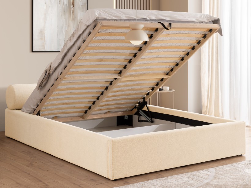 Josy - Designer-Polsterbett mit zylinderförmigem gepolstertem Kopfteil aus Chenille-Stoff mit Lattenrost und großem Bettkasten