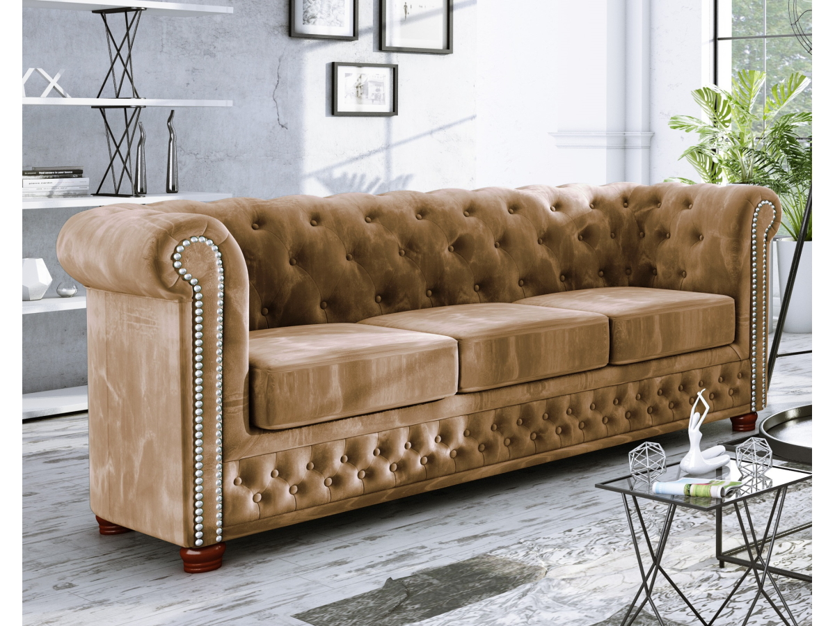 Alnem - Chesterfield Sofa 3-Sitzer aus Samt-Stoff mit Holzfüßen