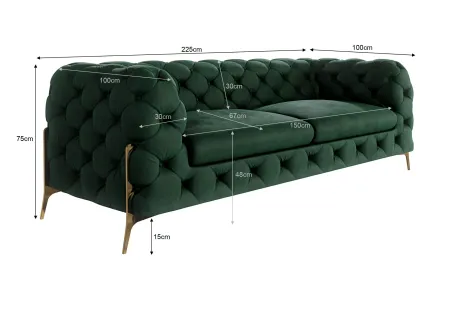 Natalie - Chesterfield Sofa 3-Sitzer mit Goldene Metall Füßen