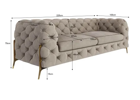 Natalie - Chesterfield Sofa 3-Sitzer mit Goldene Metall Füßen