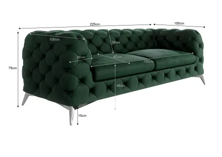 Paul - Chesterfield Sofa 3-Sitzer mit Silber Metall Füßen