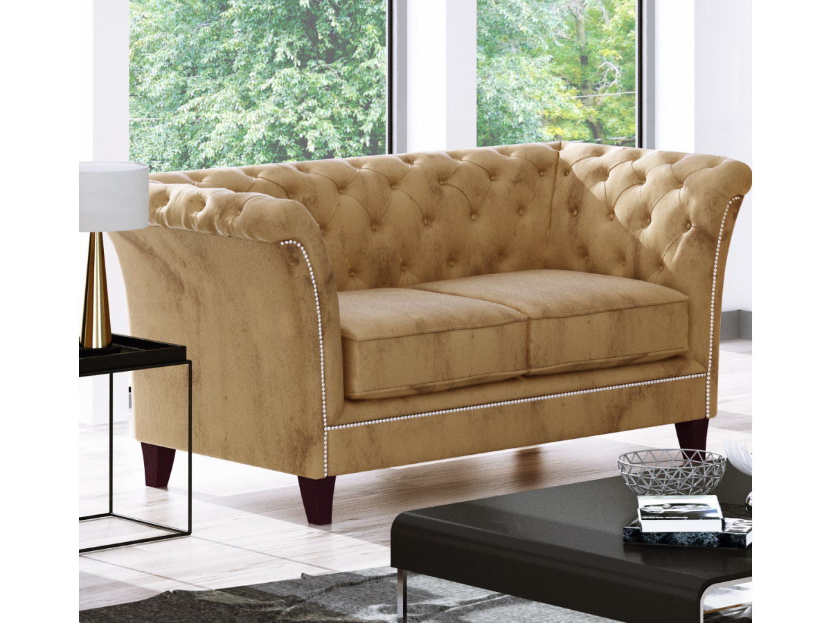 Talia - Chesterfield Sofa 2-Sitzer aus Samt-Stoff mit Holzfüßen