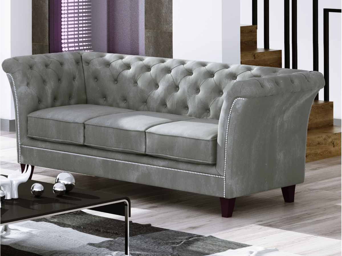 Talia - Chesterfield Sofa 3-Sitzer aus Samt-Stoff mit Holzfüßen