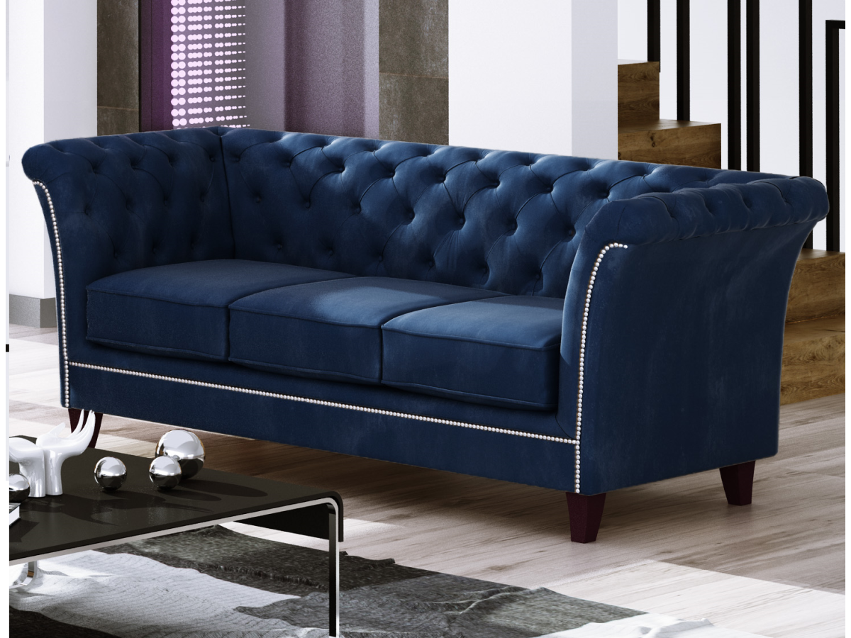 Talia - Chesterfield Sofa 3-Sitzer aus Samt-Stoff mit Holzfüßen