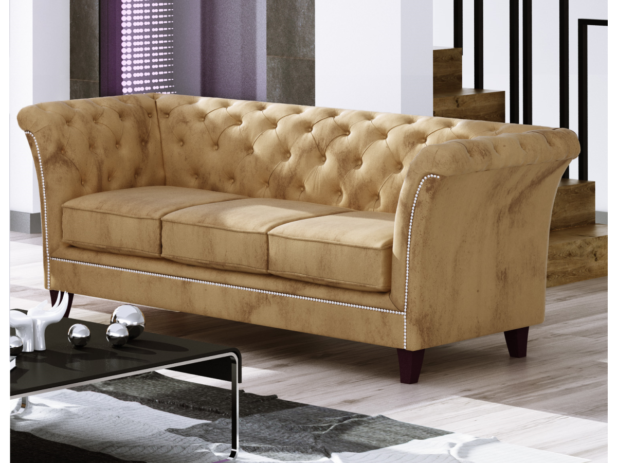 Talia - Chesterfield Sofa 3-Sitzer aus Samt-Stoff mit Holzfüßen