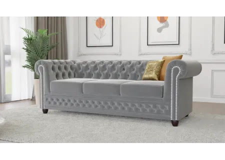 Cleo - Chesterfield 3 sitzer Sofa mit Schlaffunktion aus Samt-Stoff mit Holzfüßen