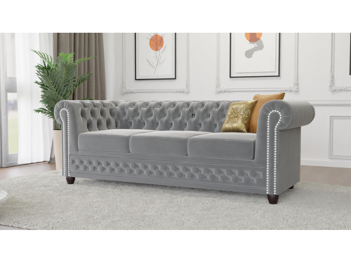 Cleo - Chesterfield 3 sitzer Sofa mit Schlaffunktion aus Samt-Stoff mit Holzfüßen