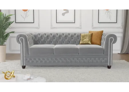 Cleo - Chesterfield 3 sitzer Sofa mit Schlaffunktion aus Samt-Stoff mit Holzfüßen