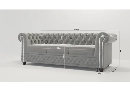 Cleo - Chesterfield 3 sitzer Sofa mit Schlaffunktion aus Samt-Stoff mit Holzfüßen