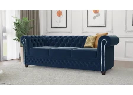 Cleo - Chesterfield 3 sitzer Sofa mit Schlaffunktion aus Samt-Stoff mit Holzfüßen