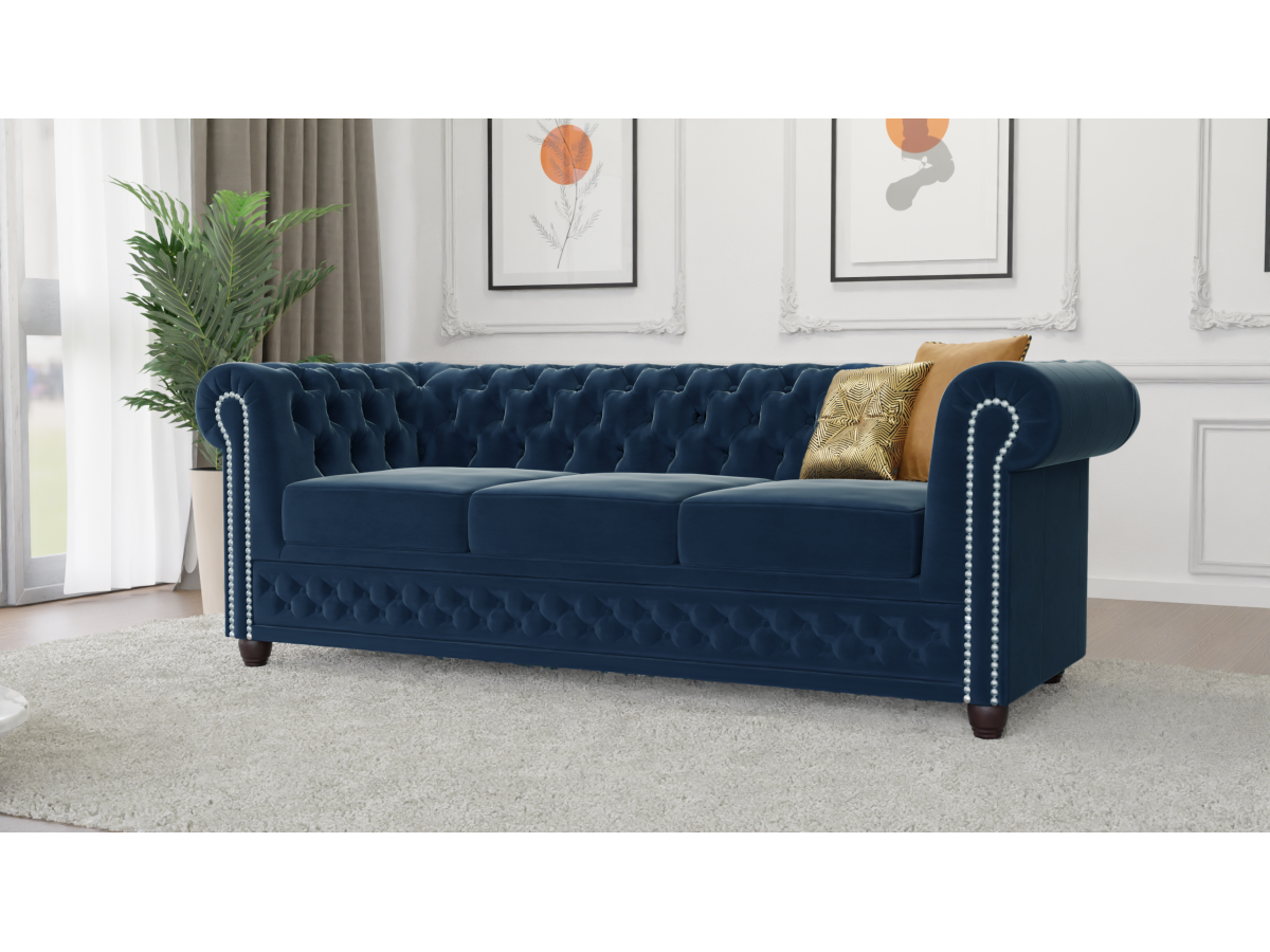 Cleo - Chesterfield 3 sitzer Sofa mit Schlaffunktion aus Samt-Stoff mit Holzfüßen