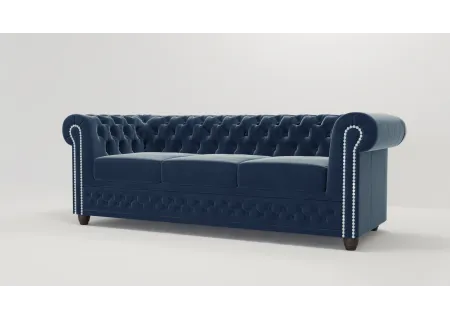 Cleo - Chesterfield 3 sitzer Sofa mit Schlaffunktion aus Samt-Stoff mit Holzfüßen