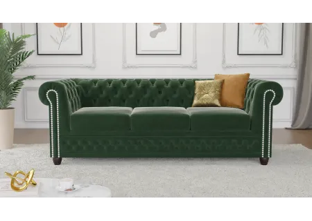 Cleo - Chesterfield 3 sitzer Sofa mit Schlaffunktion aus Samt-Stoff mit Holzfüßen