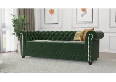 Cleo - Chesterfield 3 sitzer Sofa mit Schlaffunktion aus Samt-Stoff mit Holzfüßen