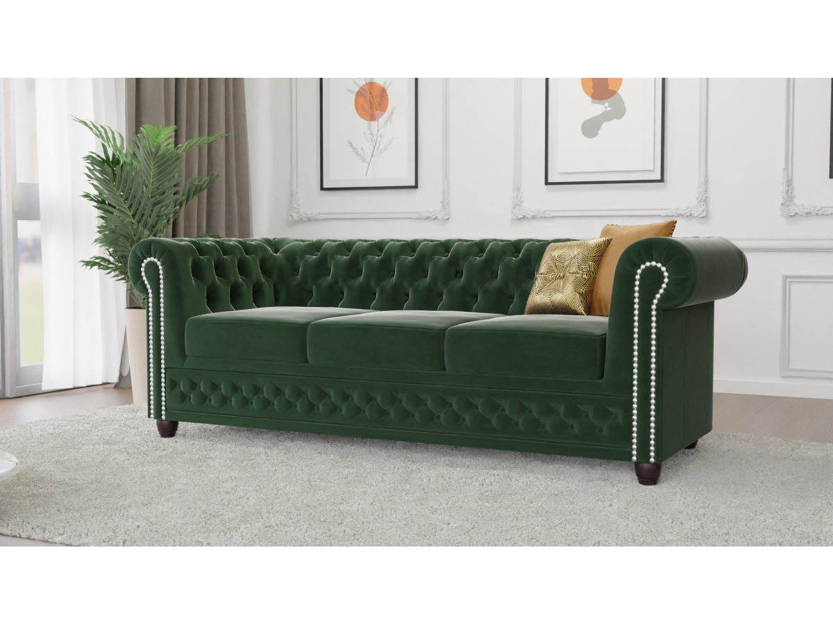 Cleo - Chesterfield 3 sitzer Sofa mit Schlaffunktion aus Samt-Stoff mit Holzfüßen