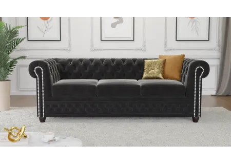 Cleo - Chesterfield 3 sitzer Sofa mit Schlaffunktion aus Samt-Stoff mit Holzfüßen