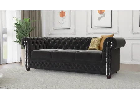 Cleo - Chesterfield 3 sitzer Sofa mit Schlaffunktion aus Samt-Stoff mit Holzfüßen