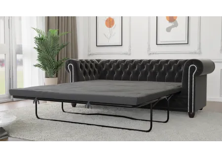 Cleo - Chesterfield 3 sitzer Sofa mit Schlaffunktion aus Samt-Stoff mit Holzfüßen